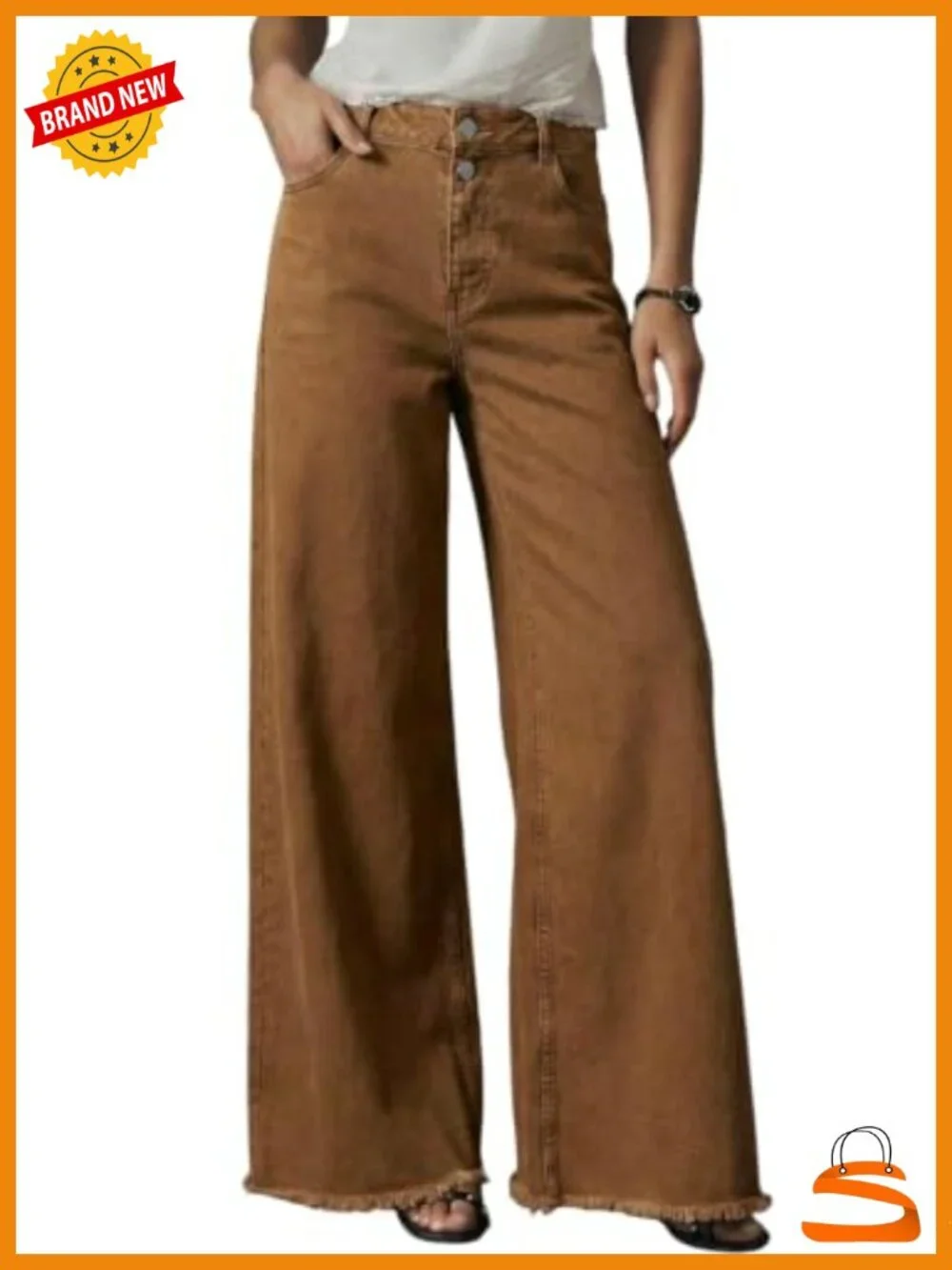High Waisted Wide Leg Jeans with Frayed Hem Stretchy Denim